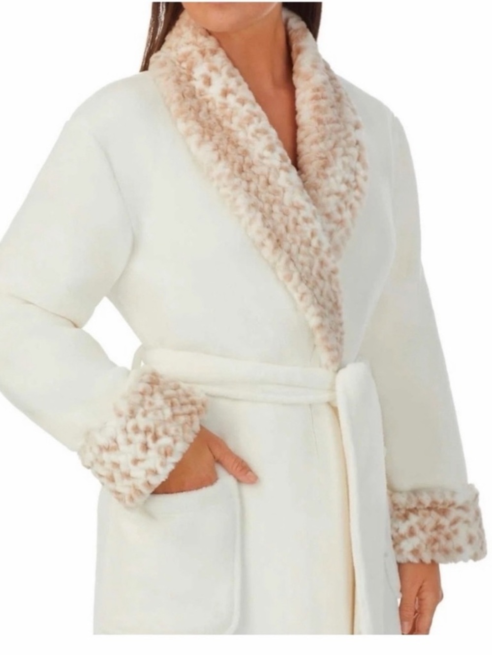 Carole Hochman Cream Snow Leopard Print Plush Long Wrap Robe—L - Picture 5 of 9